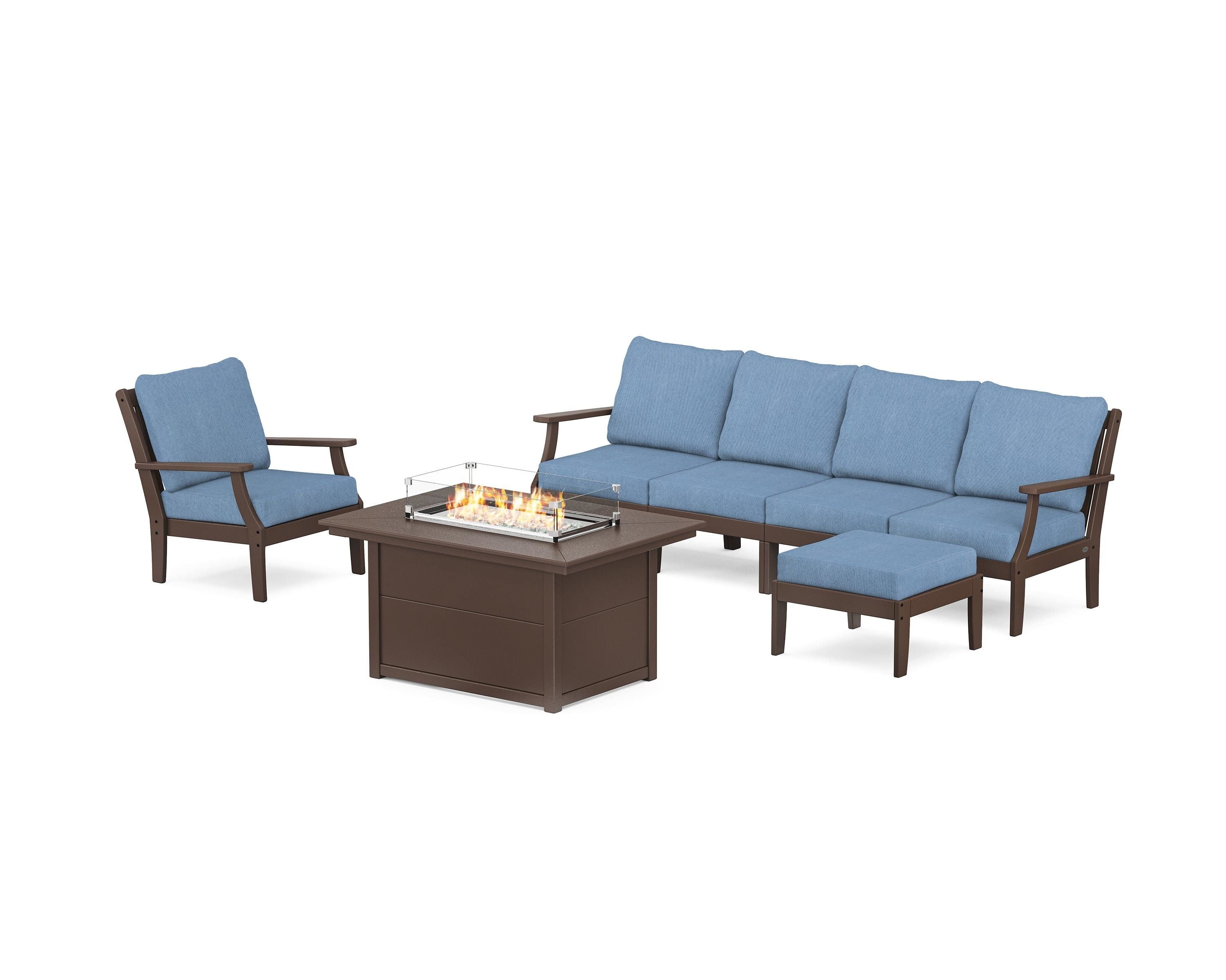 POLYWOOD® Braxton Sectional Lounge and Fire Pit Set in Mahogany / Sky Blue