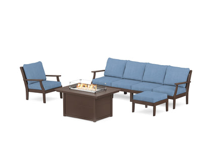 POLYWOOD® Braxton Sectional Lounge and Fire Pit Set in Mahogany / Sky Blue