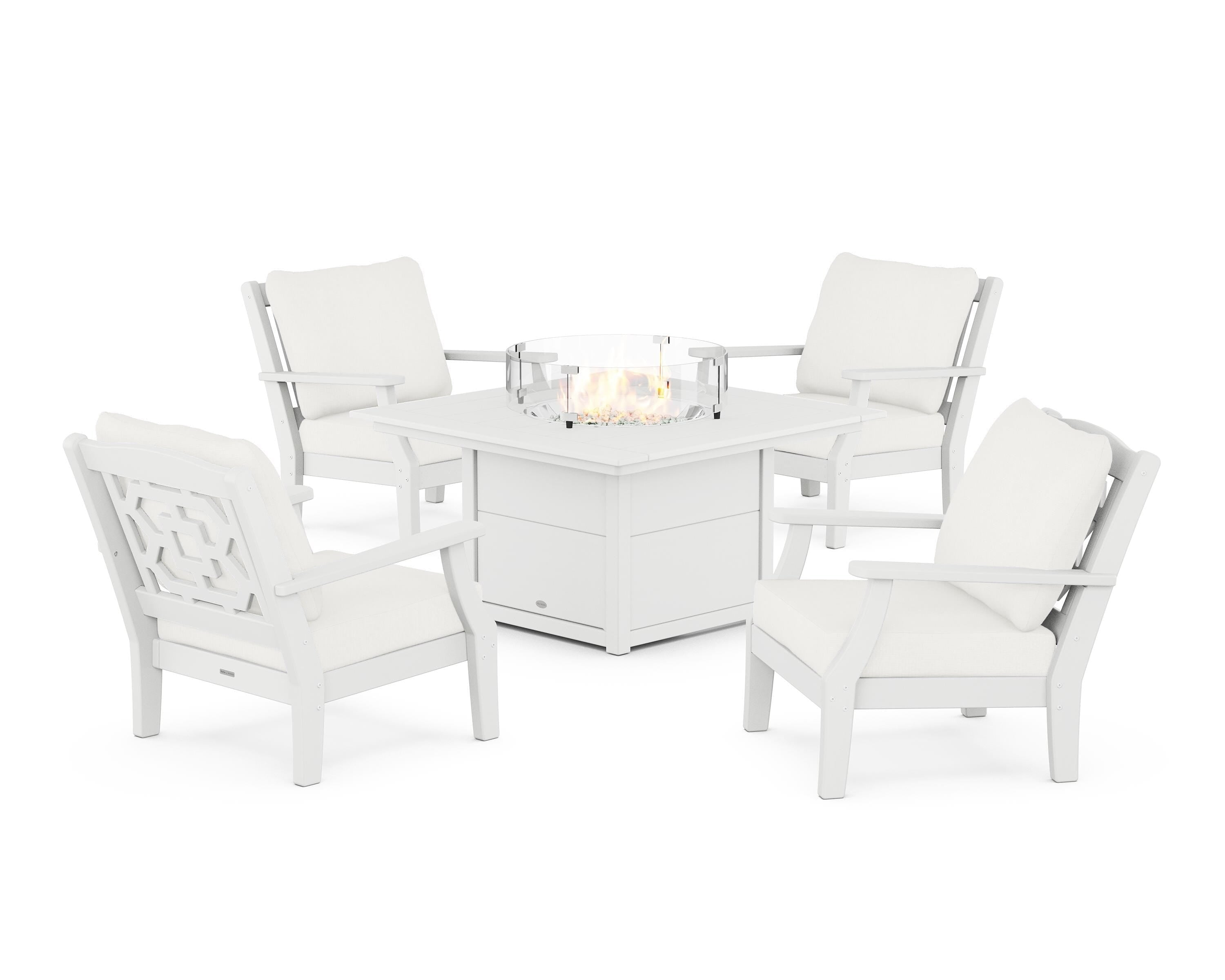 Martha Stewart by POLYWOOD® Chinoiserie 5-Piece Deep Seating Set with Fire Pit Table in White / Natural Linen