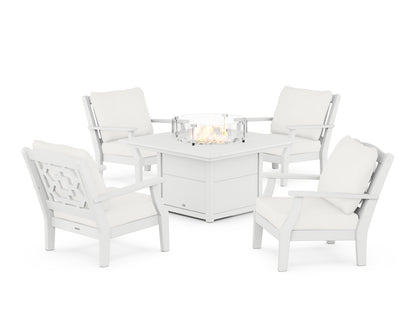 Martha Stewart by POLYWOOD® Chinoiserie 5-Piece Deep Seating Set with Fire Pit Table in White / Natural Linen