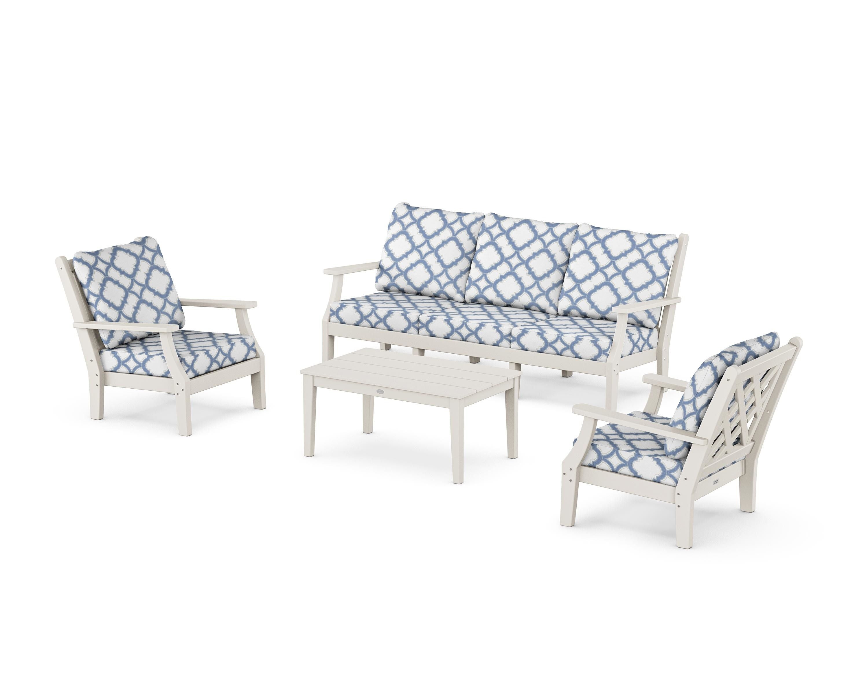Country Living Wovendale 4-Piece Deep Seating Set with Sofa in Sand / Trellis Sky Blue