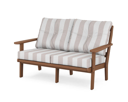 POLYWOOD® Mission Deep Seating Loveseat in Teak / Cabana Stripe Dune Burlap