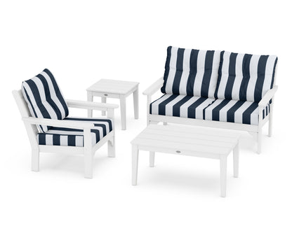 POLYWOOD® Vineyard 4-Piece Deep Seating Set in White / Cabana Stripe Marine Indigo