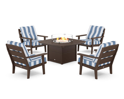 POLYWOOD® Lakeside 5-Piece Deep Seating Set with Nautical Fire Pit Table in Mahogany / Cabana Stripe Sky Blue