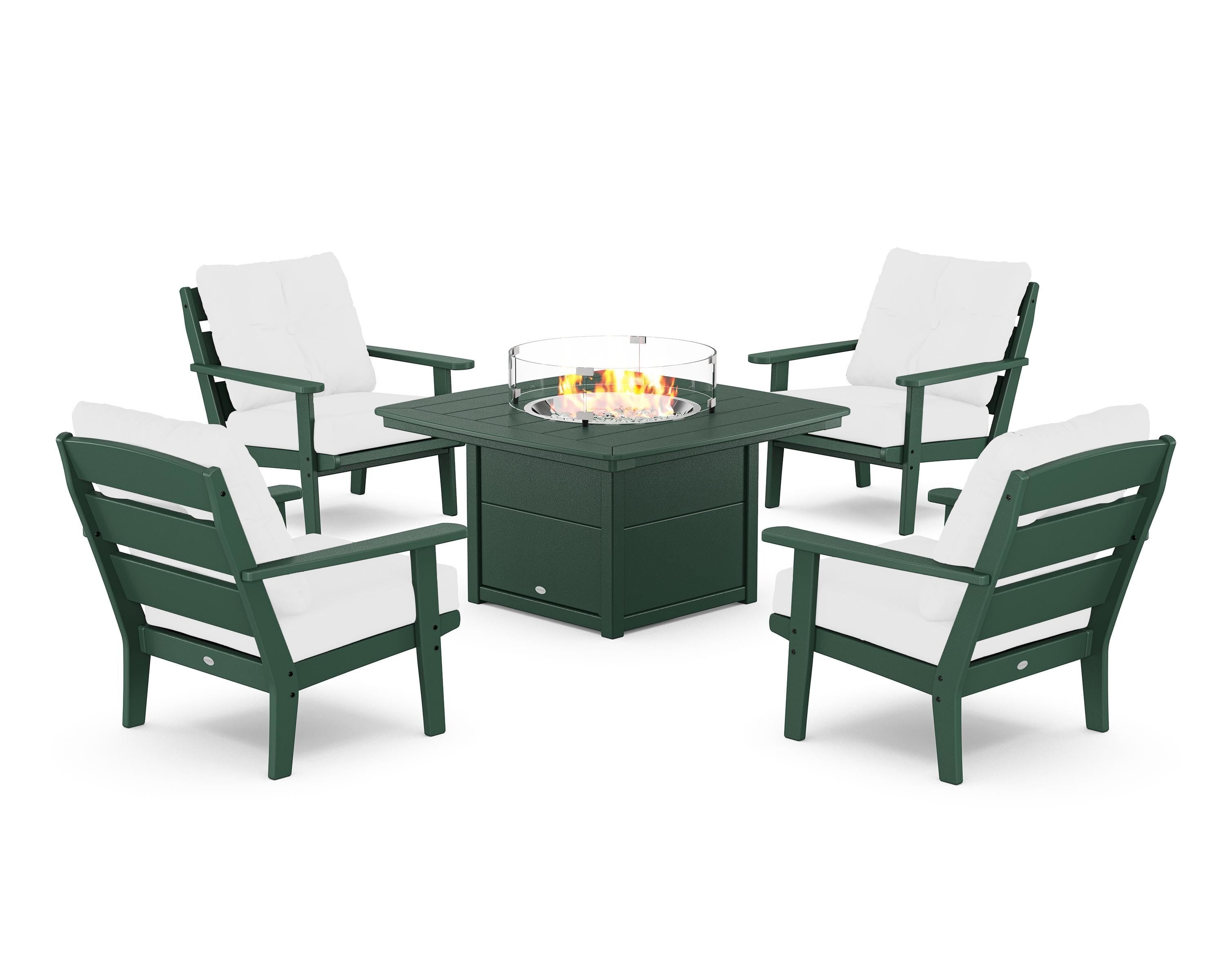 POLYWOOD® Lakeside 5-Piece Deep Seating Set with Nautical Fire Pit Table in Green / Natural