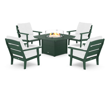 POLYWOOD® Lakeside 5-Piece Deep Seating Set with Nautical Fire Pit Table in Green / Natural