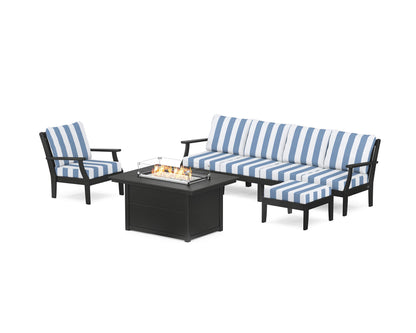 POLYWOOD® Braxton Sectional Lounge and Fire Pit Set in Black / Cabana Stripe Sky Blue