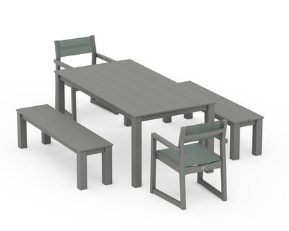 POLYWOOD® EDGE Sling Arm Chair 5-Piece Parsons Dining Set with Benches in Slate Grey / Dupioni Sea Mist Sling
