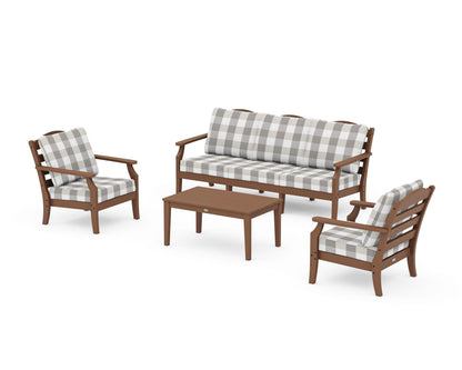 Draper James™ by  POLYWOOD® Savannah 4-Piece Deep Seating Set with Sofa in Teak / Buffalo Plaid Grey Mist