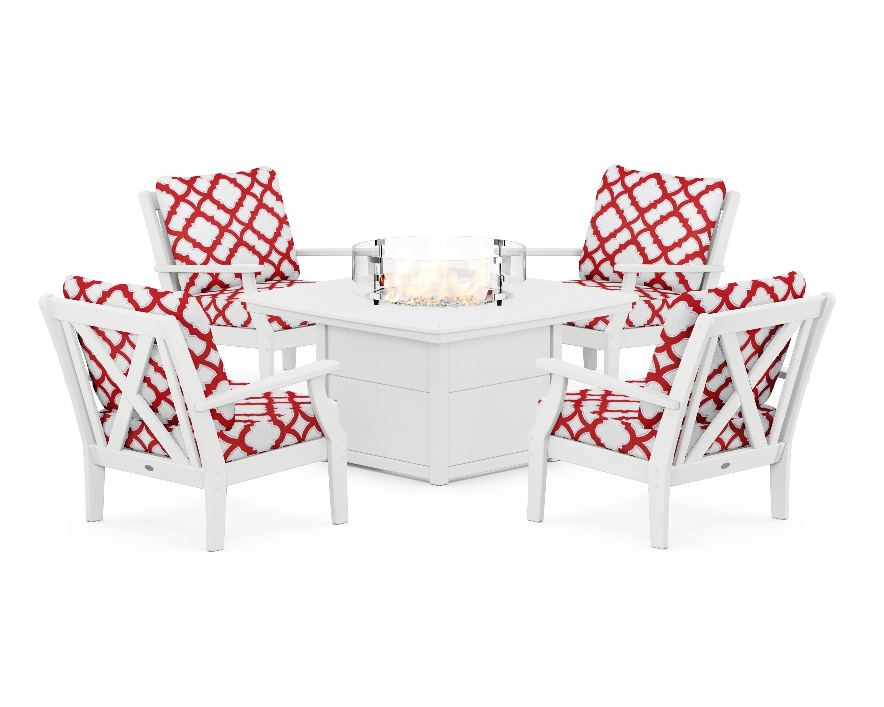 POLYWOOD® Braxton 5-Piece Deep Seating Conversation Set with Fire Pit Table in White / Trellis Crimson