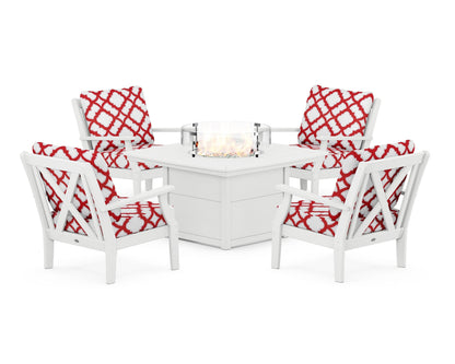 POLYWOOD® Braxton 5-Piece Deep Seating Conversation Set with Fire Pit Table in White / Trellis Crimson