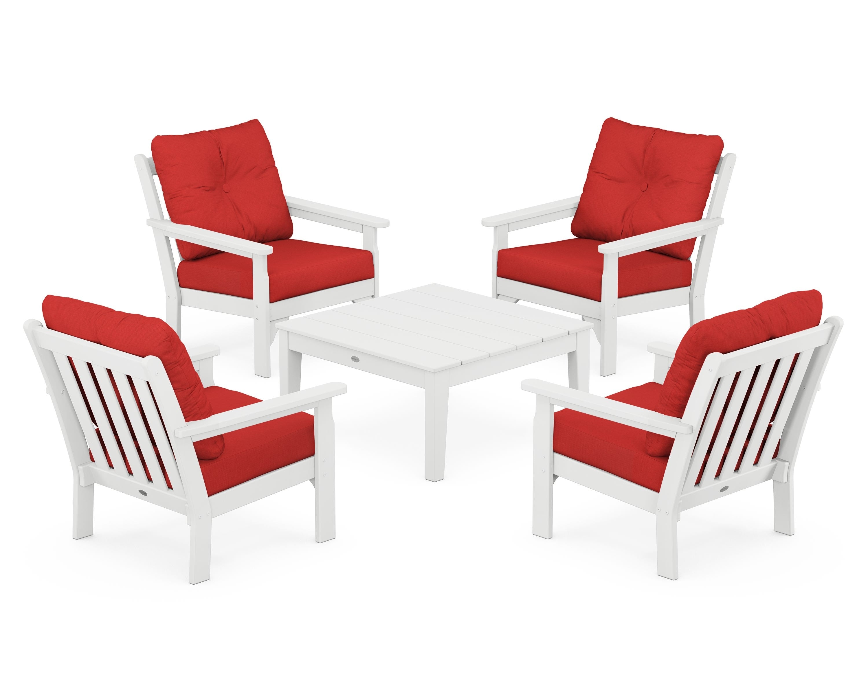POLYWOOD® Vineyard 5-Piece Deep Seating Conversation Set in White / Crimson Linen