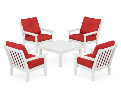 POLYWOOD® Vineyard 5-Piece Deep Seating Conversation Set in White / Crimson Linen