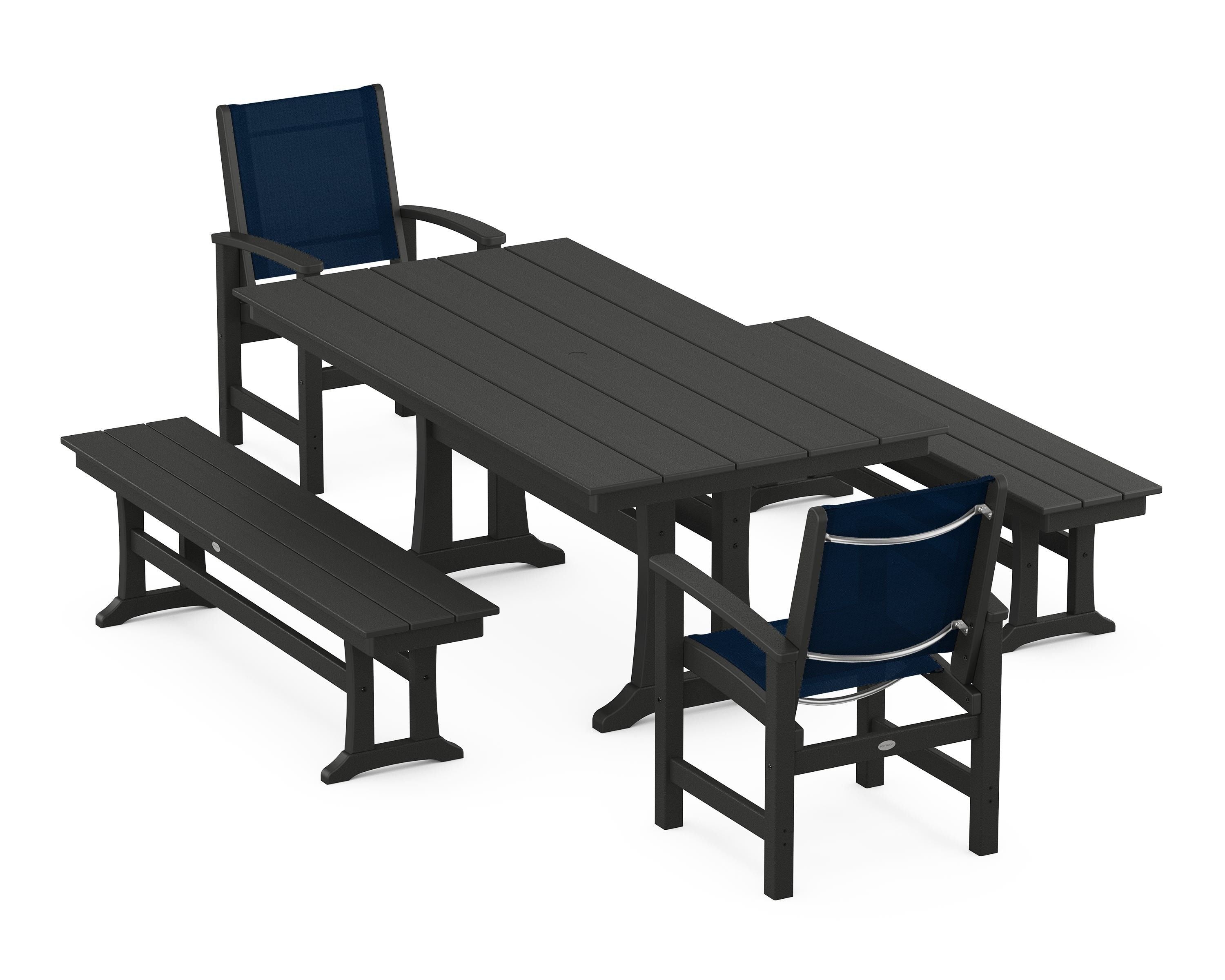 POLYWOOD® Coastal 5-Piece Farmhouse Dining Set with Trestle Legs and Benches in Black / Navy Blue Sling