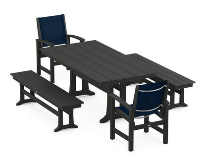 POLYWOOD® Coastal 5-Piece Farmhouse Dining Set with Trestle Legs and Benches in Black / Navy Blue Sling