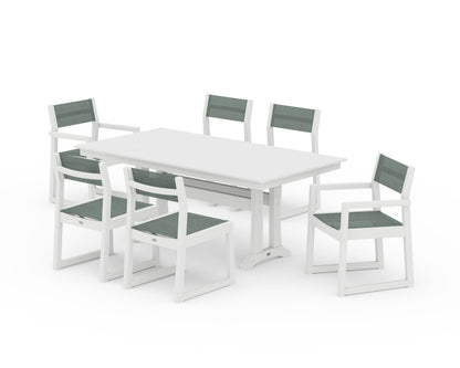 POLYWOOD® EDGE Sling 7-Piece Farmhouse Trestle Dining Set in White / Dupioni Sea Mist Sling