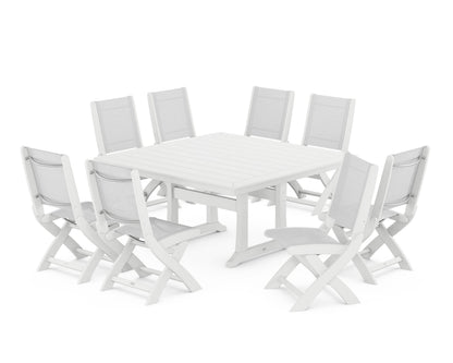 POLYWOOD® Coastal Folding Side Chair 9-Piece Dining Set with Trestle Legs in White / White Sling