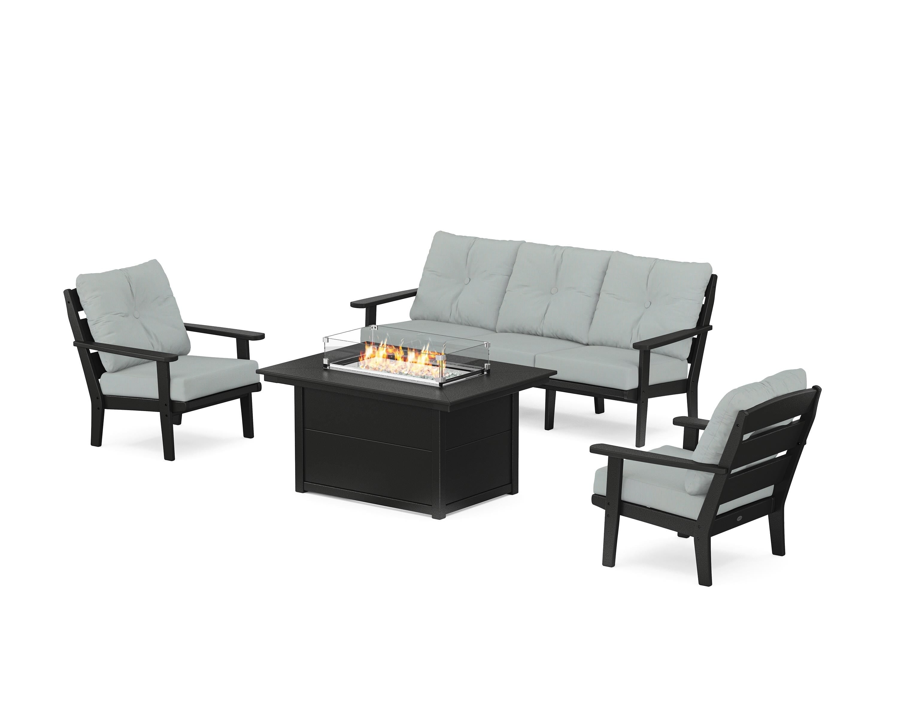 POLYWOOD® Lakeside Deep Seating Fire Pit Table Set in Black / Spa