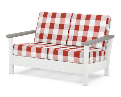 POLYWOOD® Harbour Deep Seating Loveseat in White / Driftwood / Buffalo Plaid Crimson