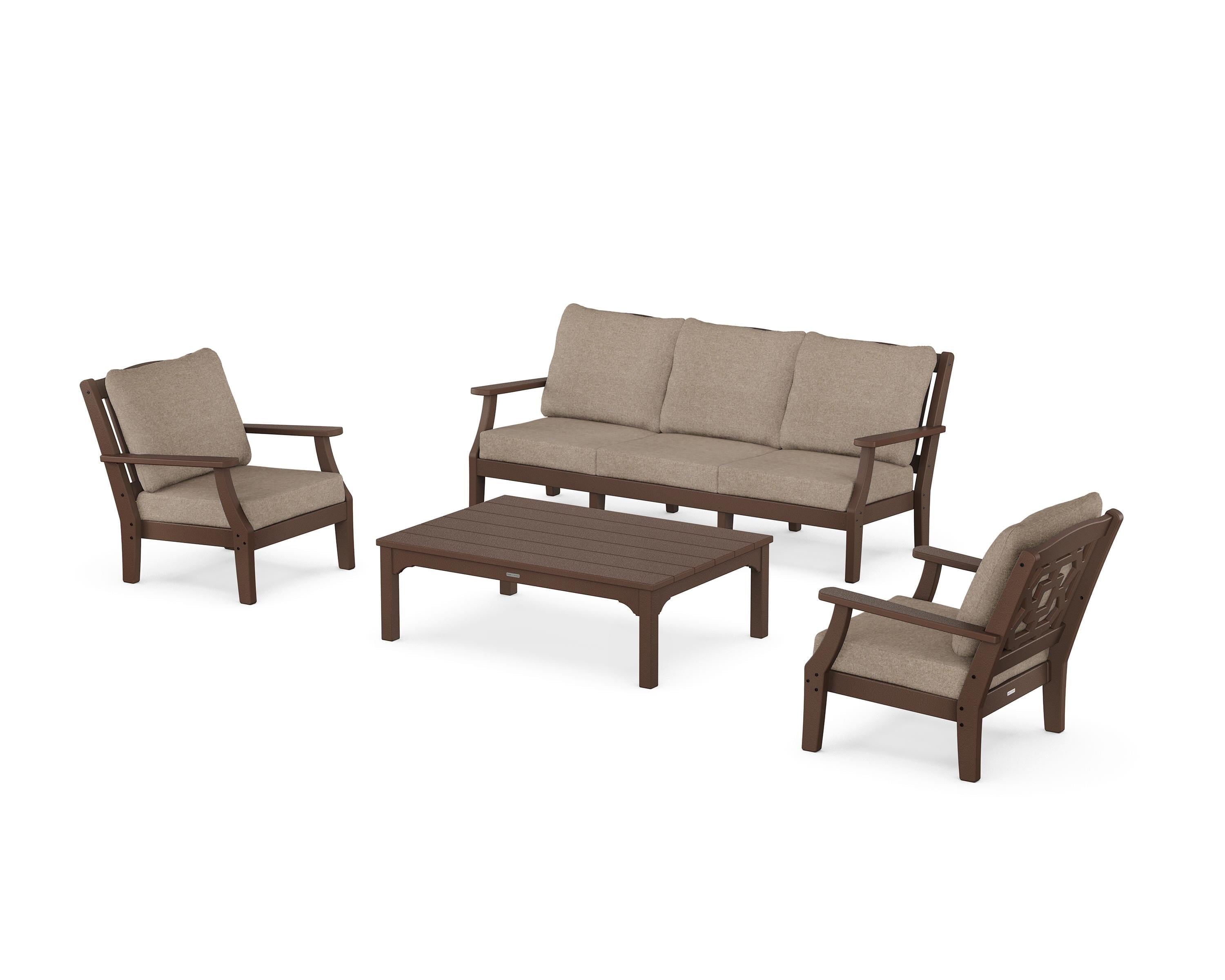 Martha Stewart by POLYWOOD® Chinoiserie 4-Piece Deep Seating Set with Sofa in Mahogany / Spiced Burlap