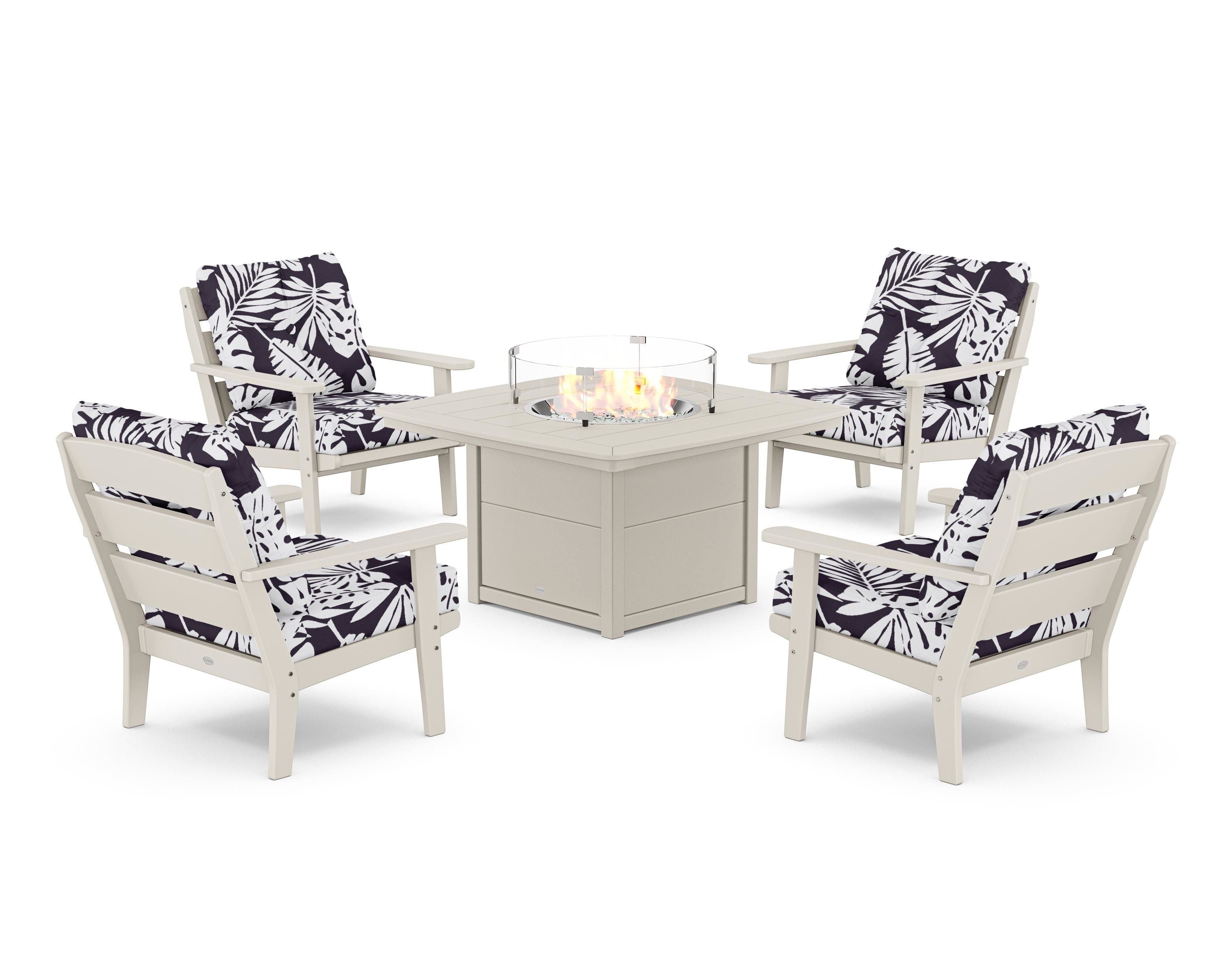 POLYWOOD® Lakeside 5-Piece Deep Seating Set with Nautical Fire Pit Table in Sand / Leaf Navy
