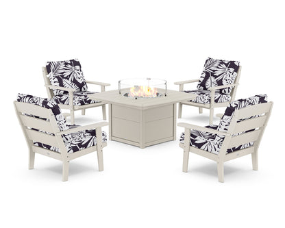 POLYWOOD® Lakeside 5-Piece Deep Seating Set with Nautical Fire Pit Table in Sand / Leaf Navy