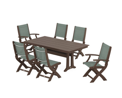 POLYWOOD® Coastal Folding Chair 7-Piece Farmhouse Dining Set with Trestle Legs in Mahogany / Dupioni Sea Mist Sling
