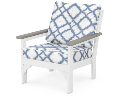 POLYWOOD® Vineyard Deep Seating Chair in White / Driftwood / Trellis Sky Blue