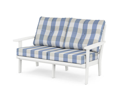 POLYWOOD® Prairie Deep Seating Loveseat in White / Buffalo Plaid Sky Blue