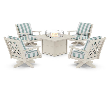 Country Living Wovendale 5-Piece Deep Seating Swivel Conversation Set with Fire Pit Table in Sand / Cabana Stripe Glacier Spa
