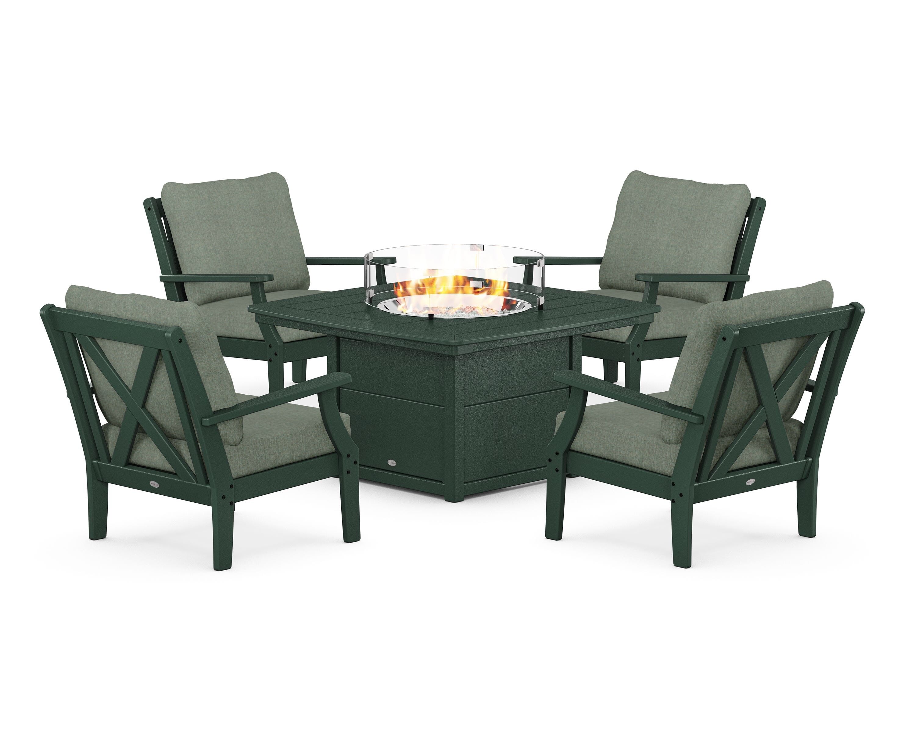 POLYWOOD® Braxton 5-Piece Deep Seating Conversation Set with Fire Pit Table in Green / Cast Sage