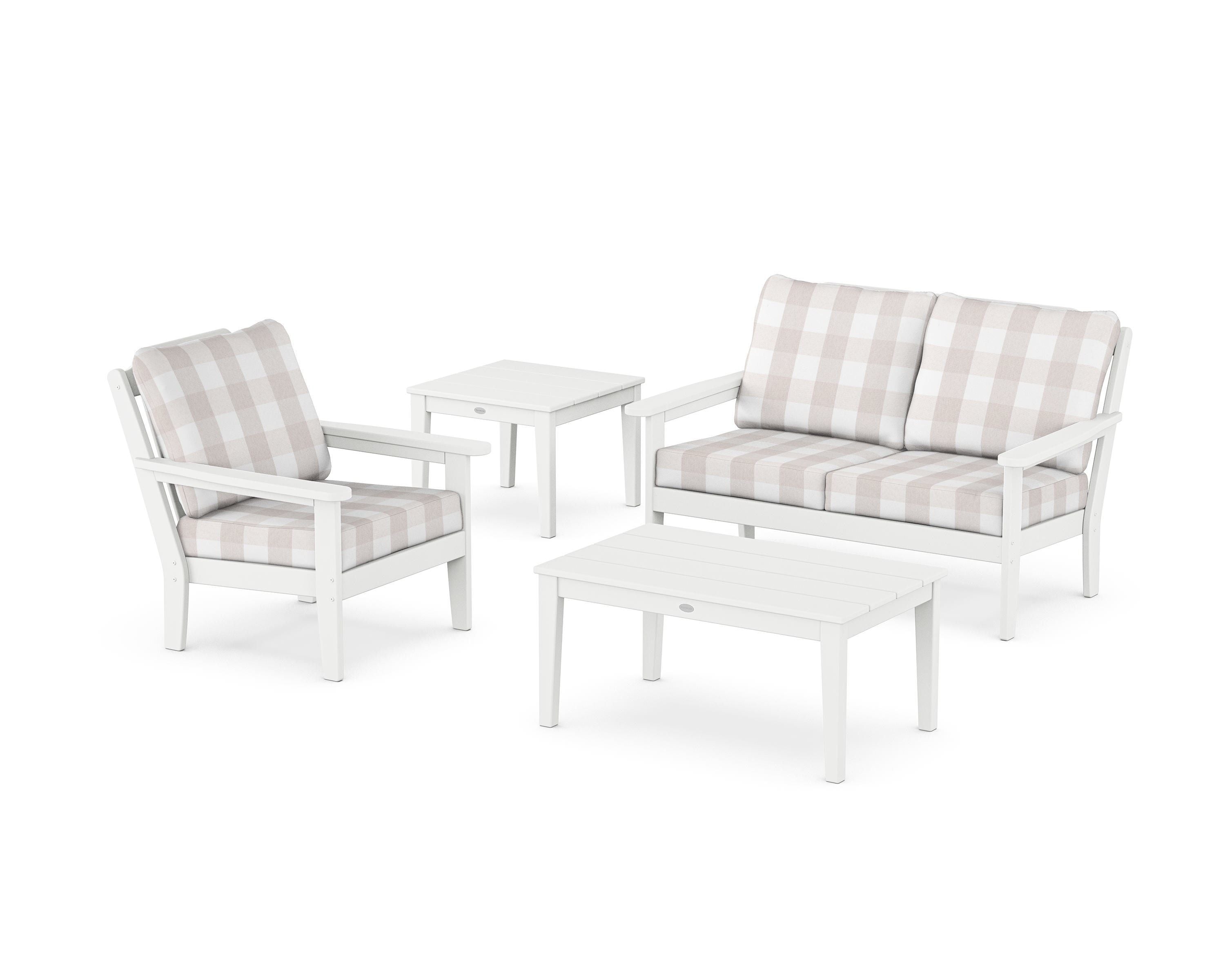 Country Living Wovendale 4-Piece Deep Seating Set in White / Buffalo Plaid Dune Burlap