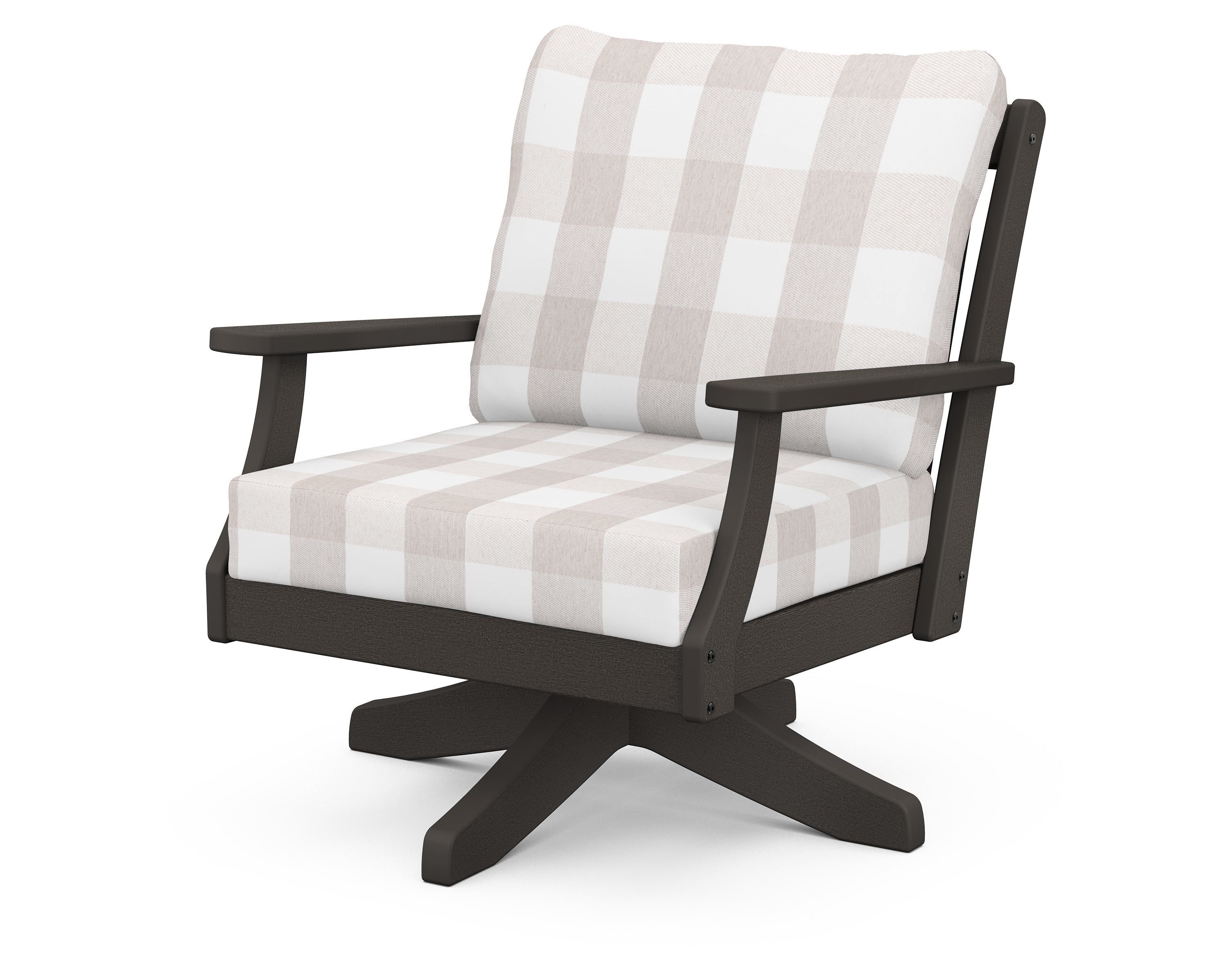 POLYWOOD® Braxton Deep Seating Swivel Chair in Vintage Coffee / Buffalo Plaid Dune Burlap