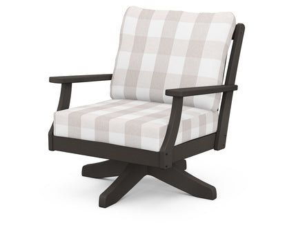 POLYWOOD® Braxton Deep Seating Swivel Chair in Vintage Coffee / Buffalo Plaid Dune Burlap