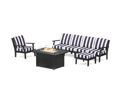 POLYWOOD® Braxton Sectional Lounge and Fire Pit Set in Black / Cabana Stripe Navy