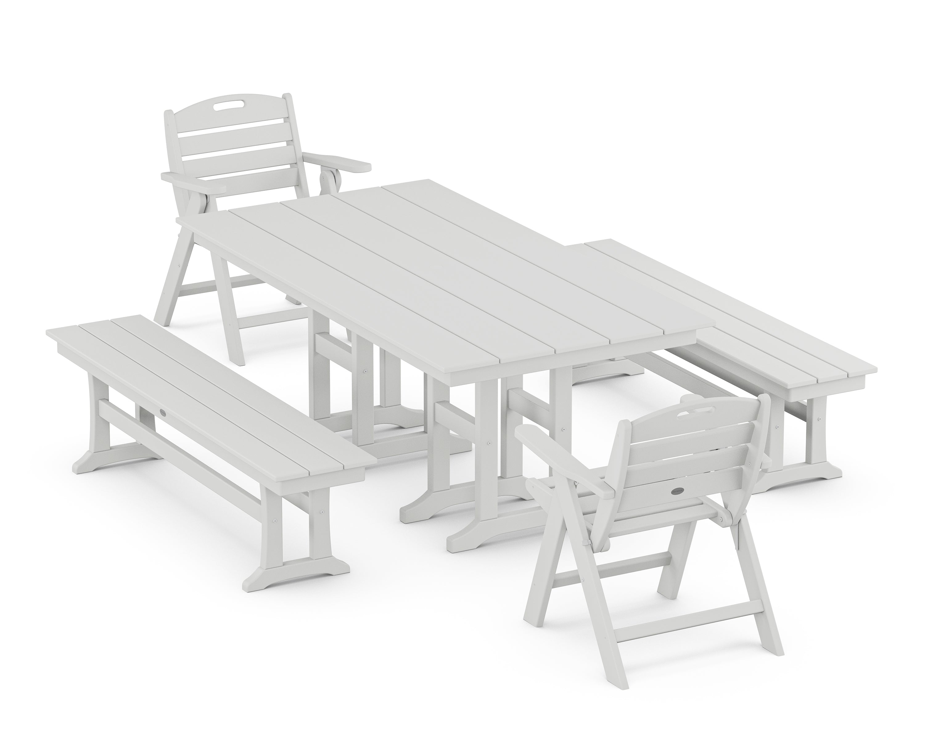 POLYWOOD® Nautical Lowback 5-Piece Farmhouse Dining Set with Benches in White