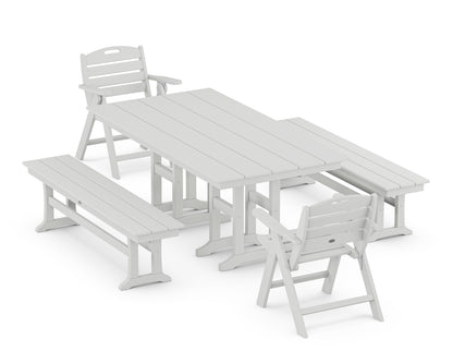 POLYWOOD® Nautical Lowback 5-Piece Farmhouse Dining Set with Benches in White