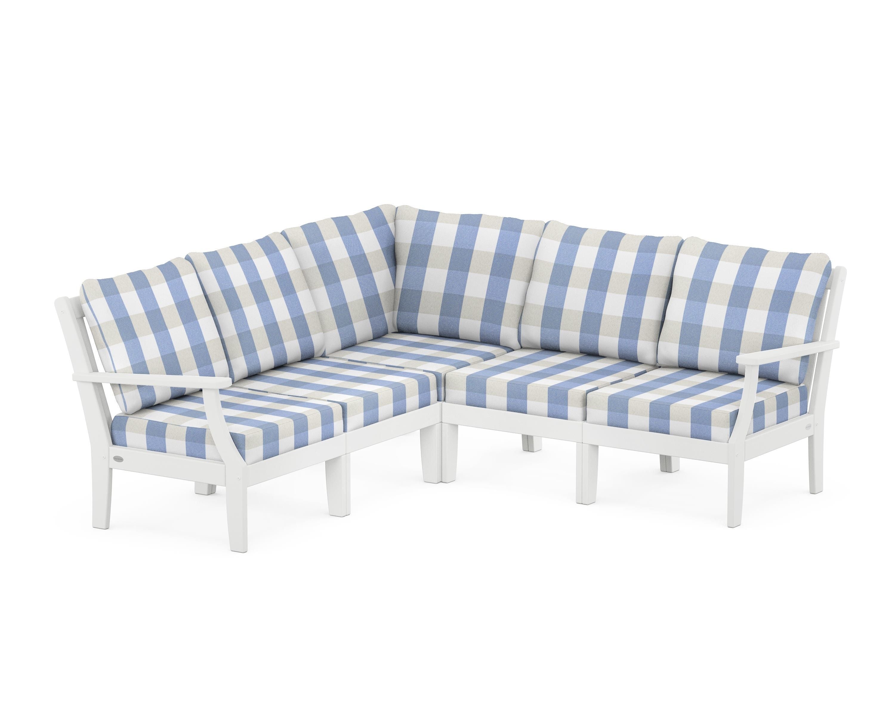 POLYWOOD® Braxton Modular 5-Piece Deep Seating Set in White / Buffalo Plaid Sky Blue