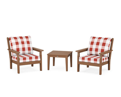 POLYWOOD® Chippendale 3-Piece Deep Seating Set in Teak / Buffalo Plaid Crimson