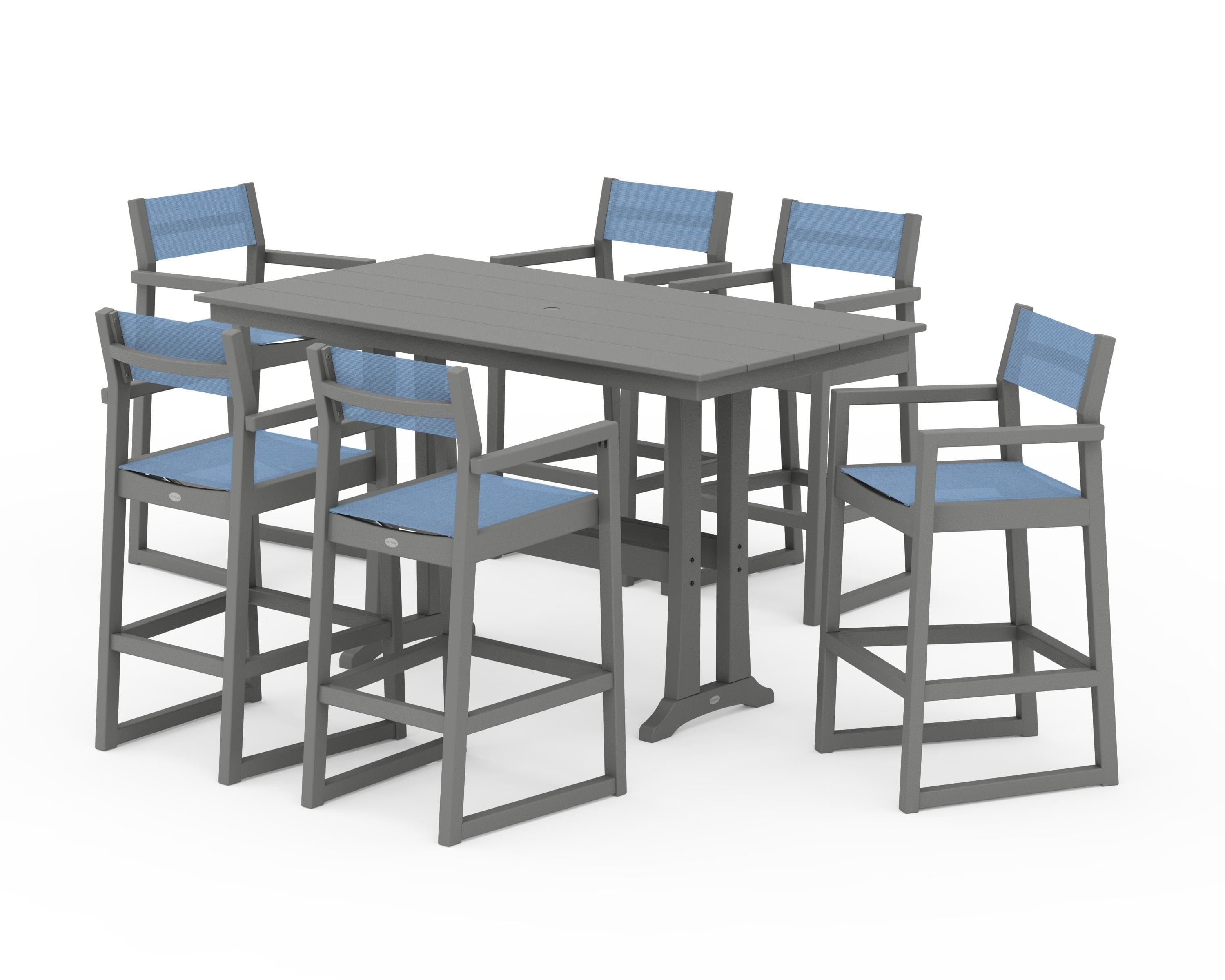POLYWOOD® EDGE Sling Arm Chair 7-Piece Farmhouse Bar Set with Trestle Legs in Slate Grey / Poolside Sling