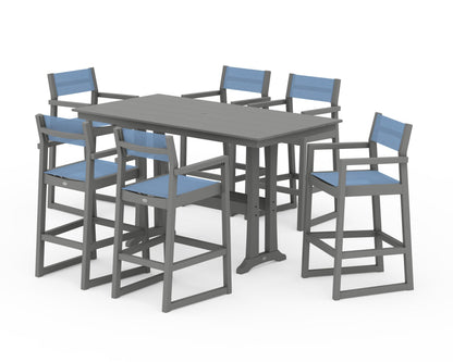 POLYWOOD® EDGE Sling Arm Chair 7-Piece Farmhouse Bar Set with Trestle Legs in Slate Grey / Poolside Sling