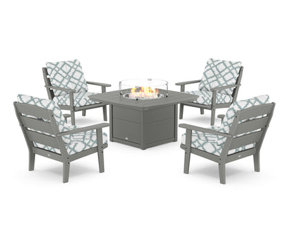 POLYWOOD® Lakeside 5-Piece Deep Seating Set with Nautical Fire Pit Table in Slate Grey / Trellis Glacier Spa