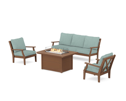 POLYWOOD® Braxton Deep Seating Fire Pit Table Set in Teak / Glacier Spa