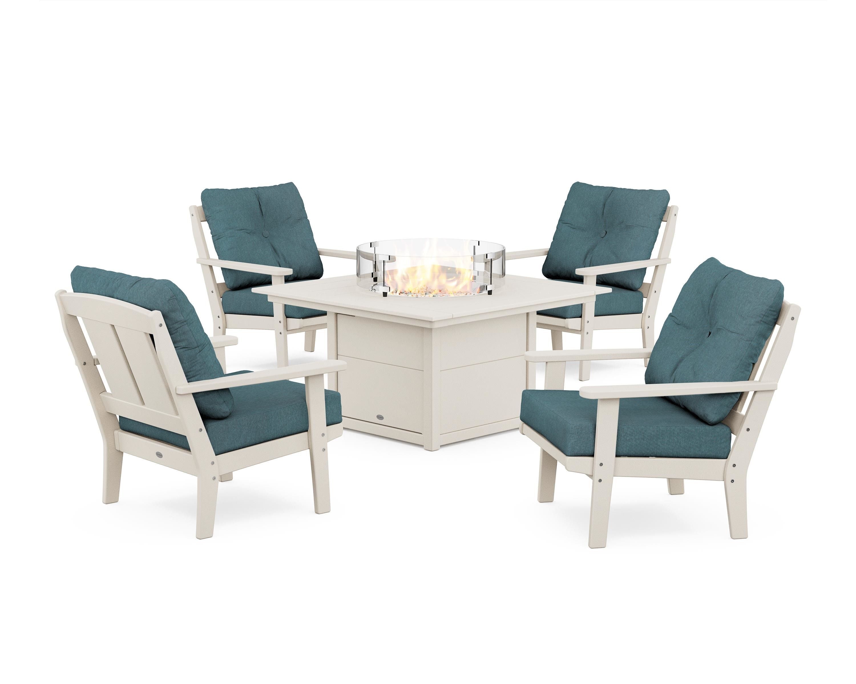 POLYWOOD® Mission 5-Piece Deep Seating Set with Fire Pit Table in Sand / Ocean Teal