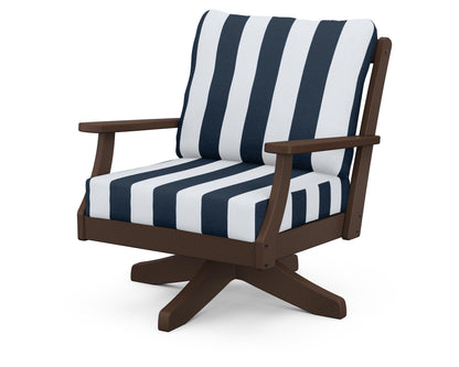 POLYWOOD® Braxton Deep Seating Swivel Chair in Mahogany / Cabana Stripe Marine Indigo
