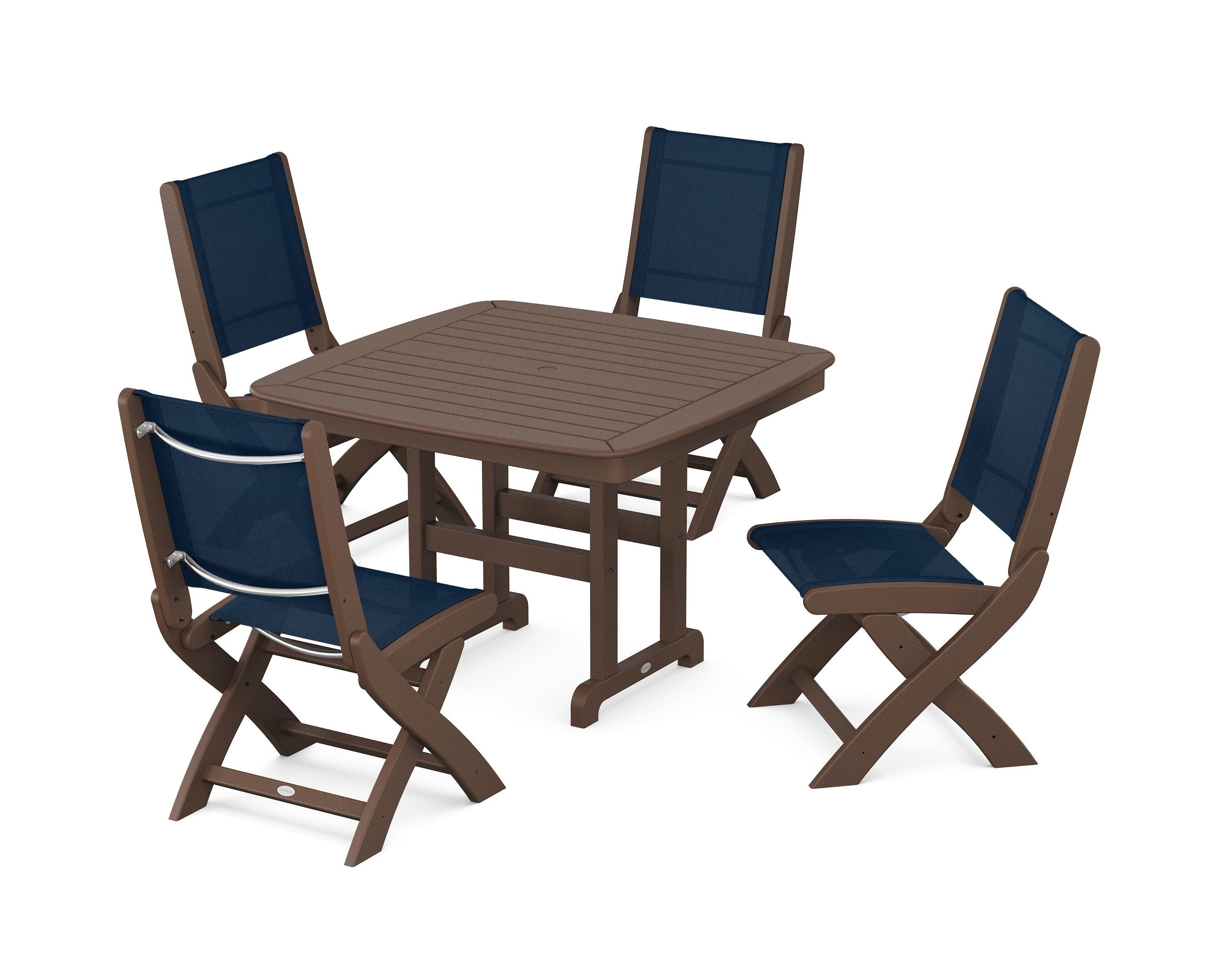 POLYWOOD® Coastal Folding Side Chair 5-Piece Dining Set in Mahogany / Navy Blue Sling