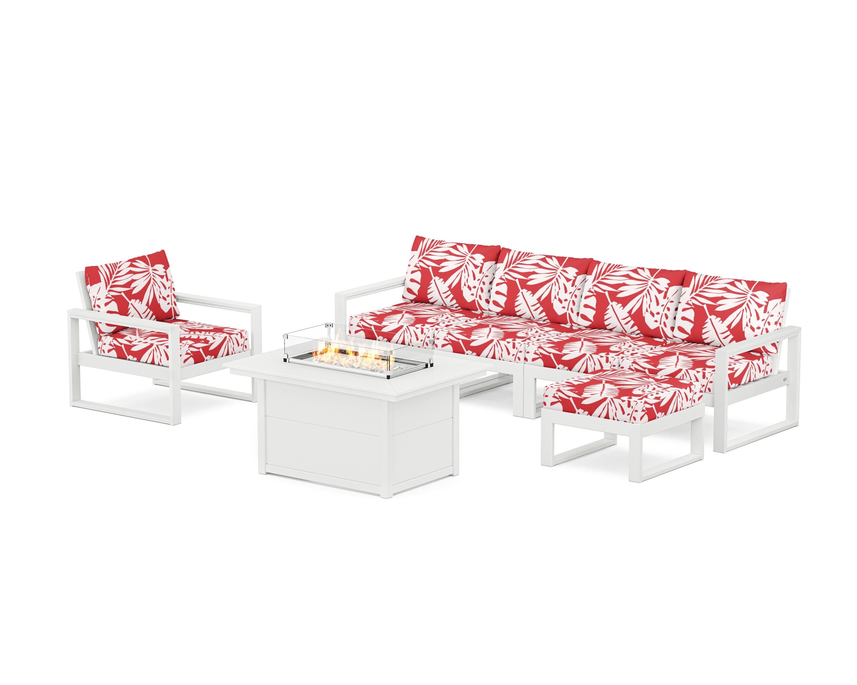 POLYWOOD® EDGE Sectional Lounge and Fire Pit Set in White / Leaf Crimson
