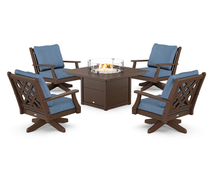 Country Living Wovendale 5-Piece Deep Seating Swivel Conversation Set with Fire Pit Table in Mahogany / Sky Blue