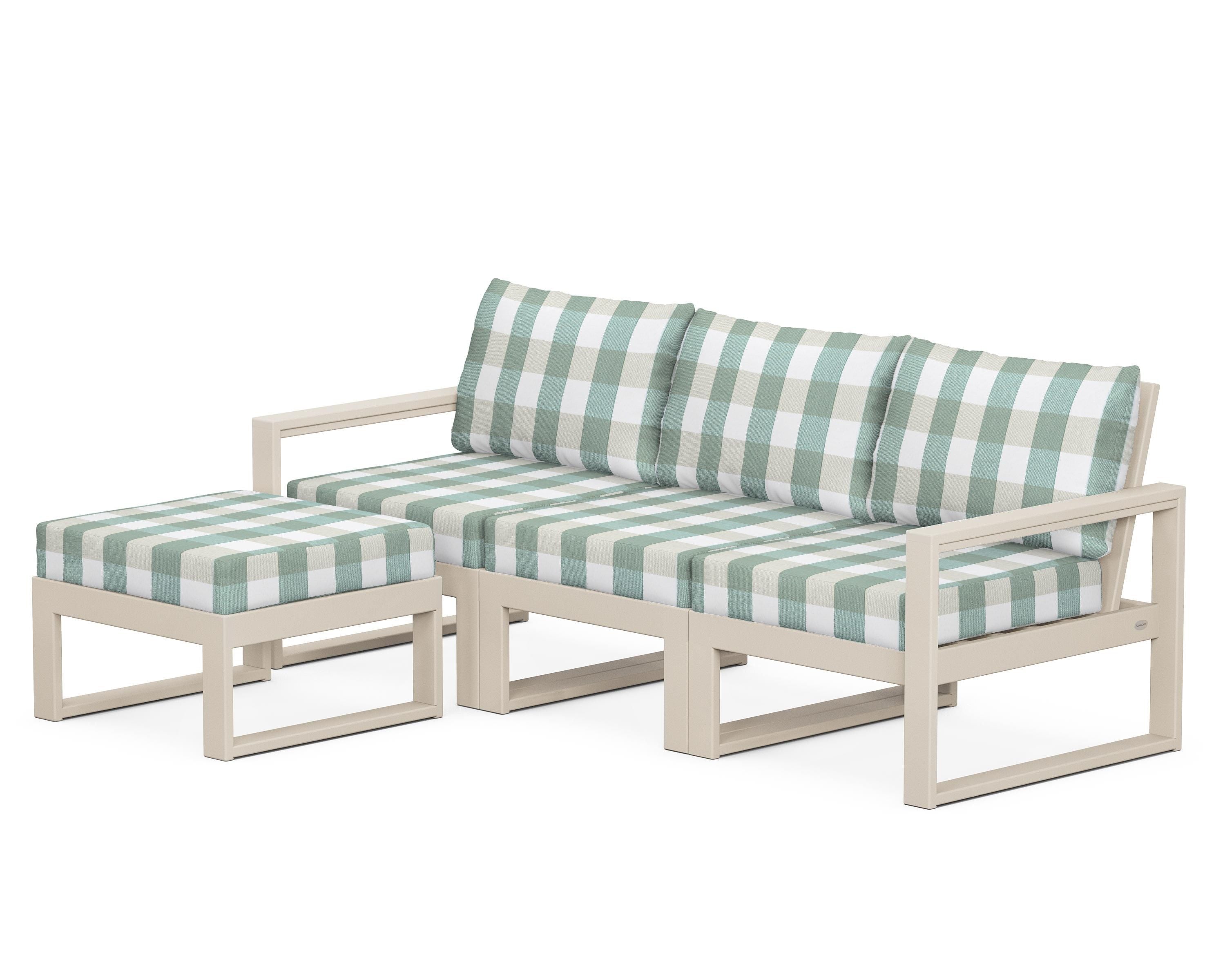 POLYWOOD® EDGE 4-Piece Modular Deep Seating Set with Ottoman in Sand / Buffalo Plaid Glacier Spa