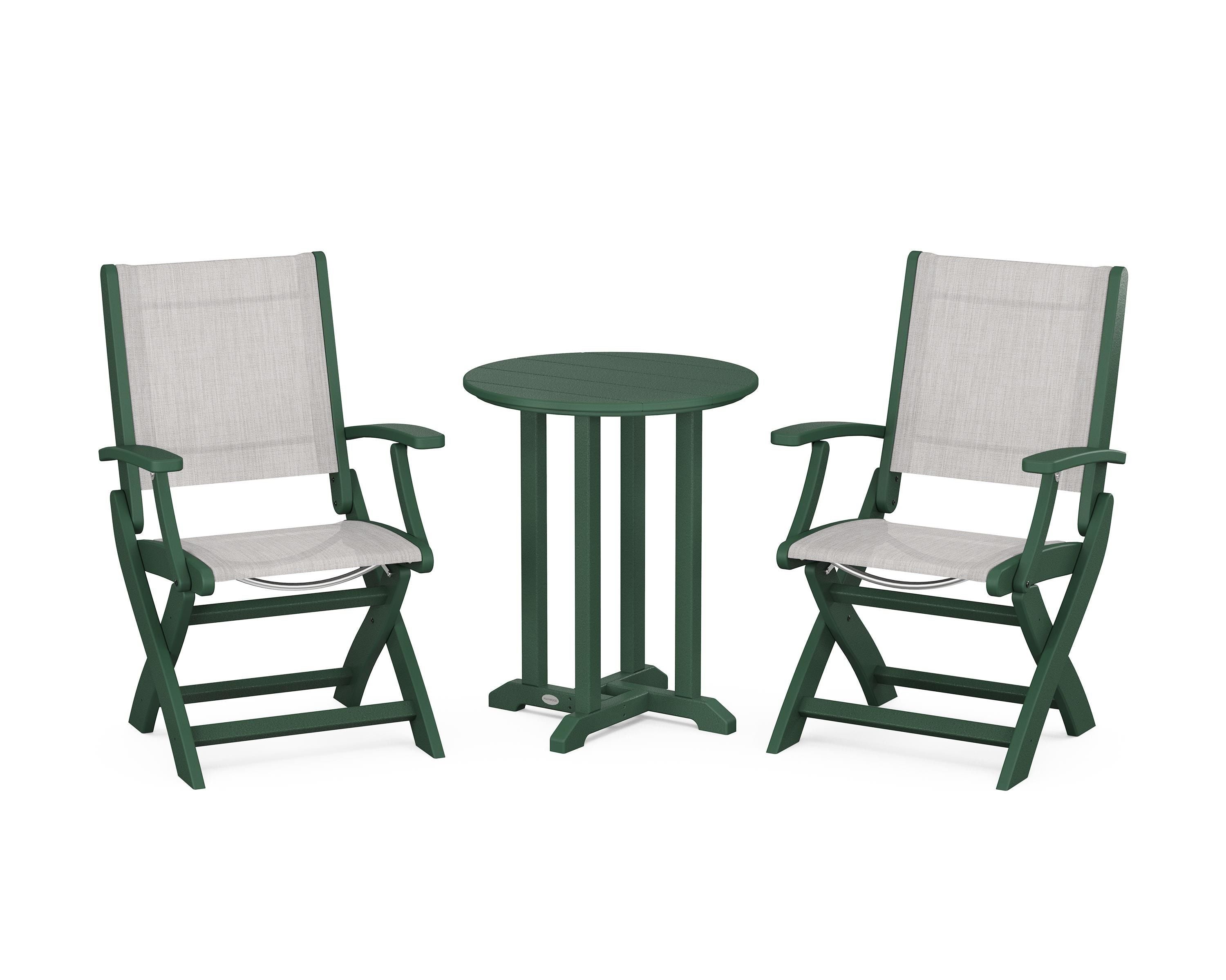 POLYWOOD® Coastal Folding 3-Piece Round Bistro Dining Set in Green / Parchment Sling